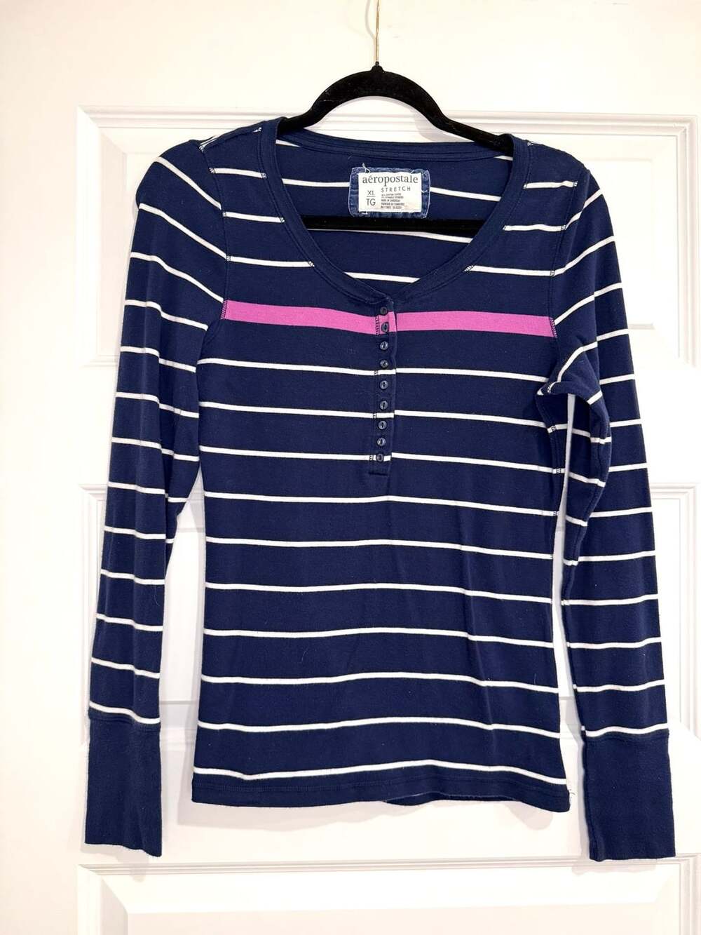 Y2K Aeropostale Stretch Navy Blue White Striped Henley Long Sleeve Shirt XL